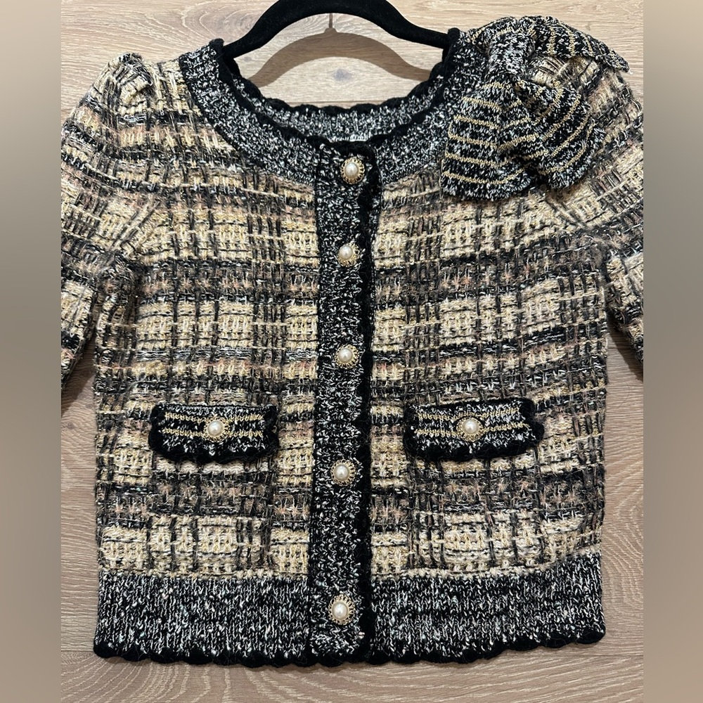 Loveshackfancy Chantria Tweed Boucle cropped cardigan with Black and gold - Picture 7 of 10